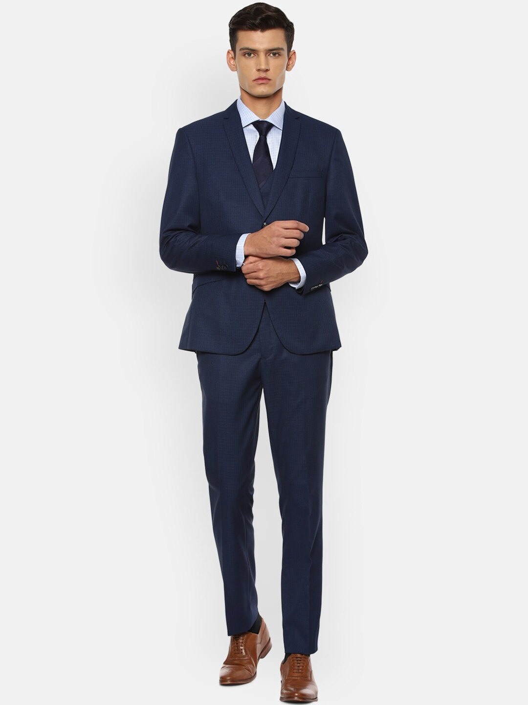 

V Dot Men Navy Blue Checked Single-Breasted Skinny-Fit 2-Piece Formal Suit