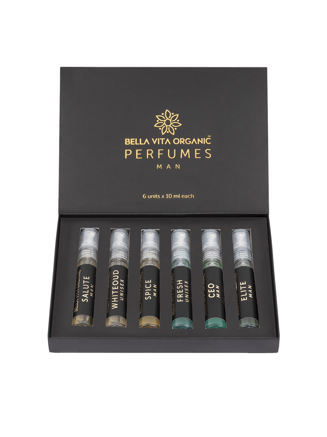 

Bella Vita Organic Men Set of 6 Luxury Perfumes 10 ml Each, Transparent