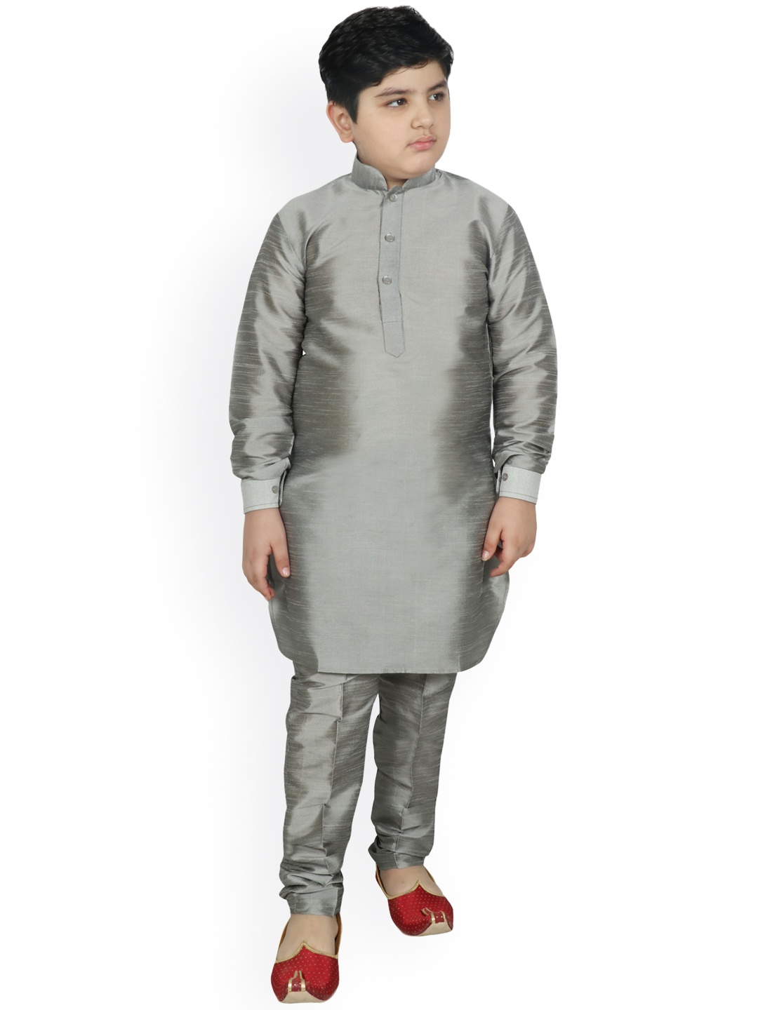 

SG YUVRAJ Boys Grey Regular Raw Silk Kurta with Churidar