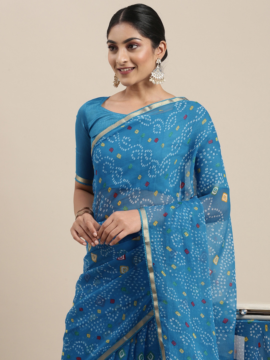 

KALINI Blue Bandhani Pure Chiffon Saree
