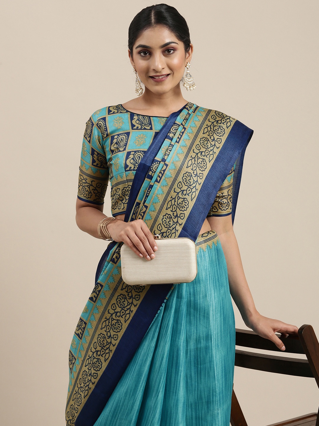 

KALINI Turquoise Blue Ethnic Motifs Art Silk Saree