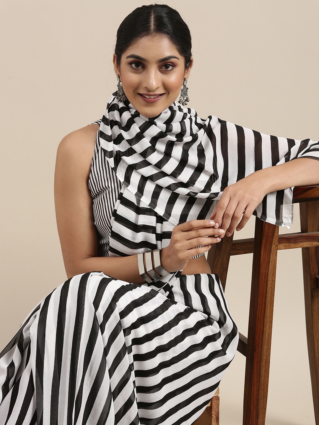 

KALINI White & Black Striped Saree