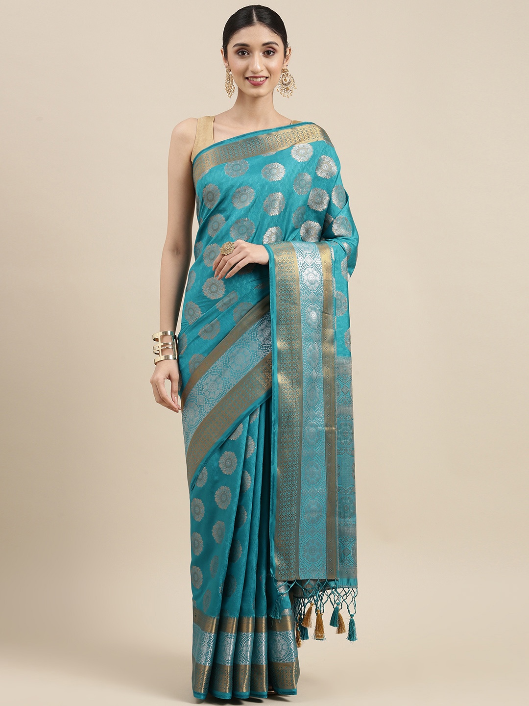 

MIMOSA Blue Ethnic Motifs Zari Art Silk Kanjeevaram Saree