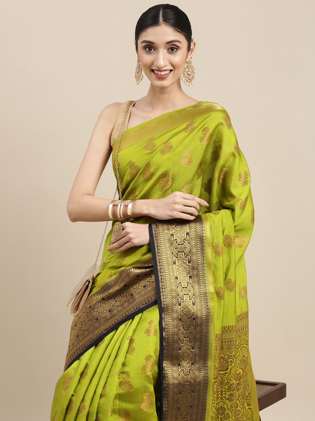 

MIMOSA Lime Green Ethnic Motifs Zari Art Silk Kanjeevaram Saree
