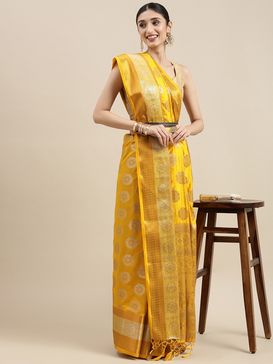 

MIMOSA Yellow Ethnic Motifs Zari Art Silk Kanjeevaram Saree