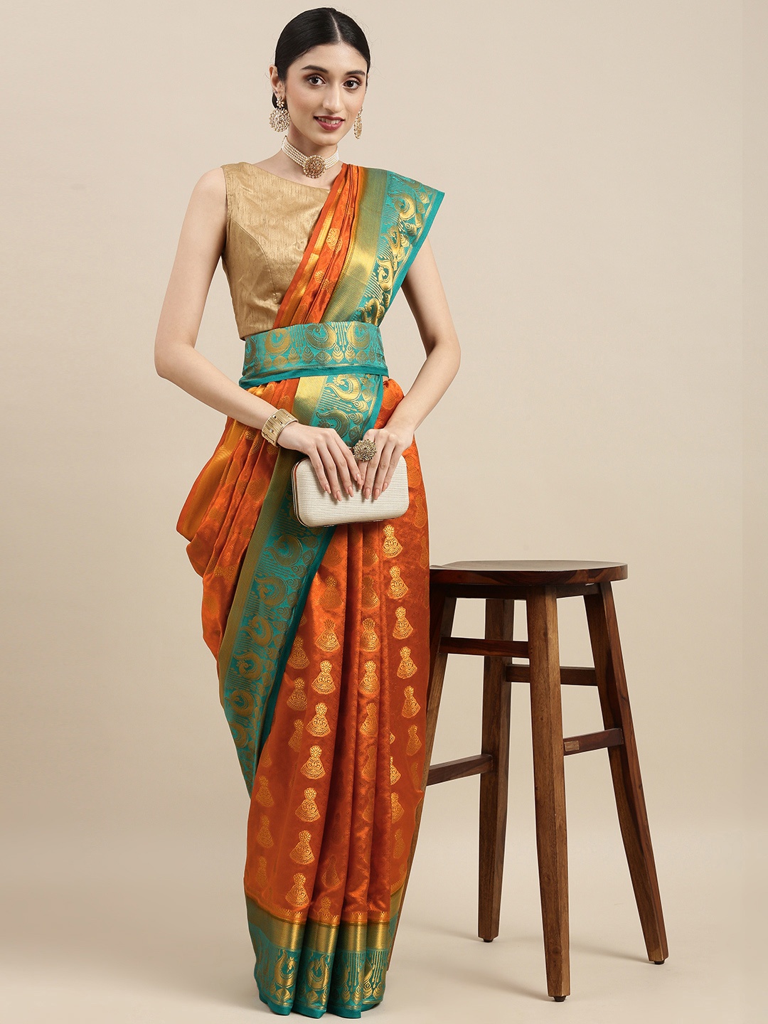 

MIMOSA Orange & Gold-Toned Woven Design Zari Art Silk Belted Kanjeevaram Saree