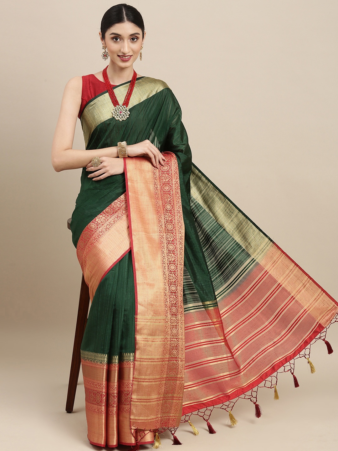 

MIMOSA Green Zari Art Silk Kanjeevaram Saree