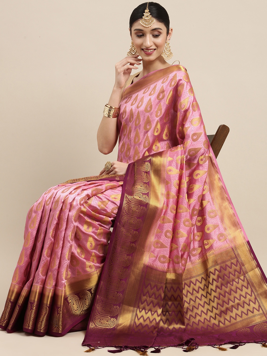 

MIMOSA Pink Paisley Zari Art Silk Kanjeevaram Saree