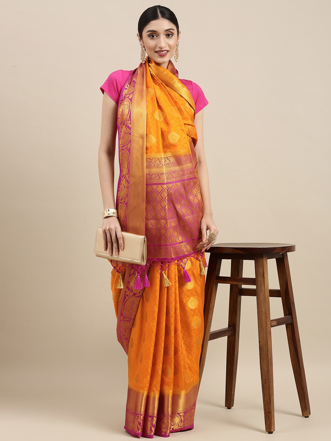 

MIMOSA Mustard & Gold-Toned Woven Design Zari Art Silk Kanjeevaram Saree