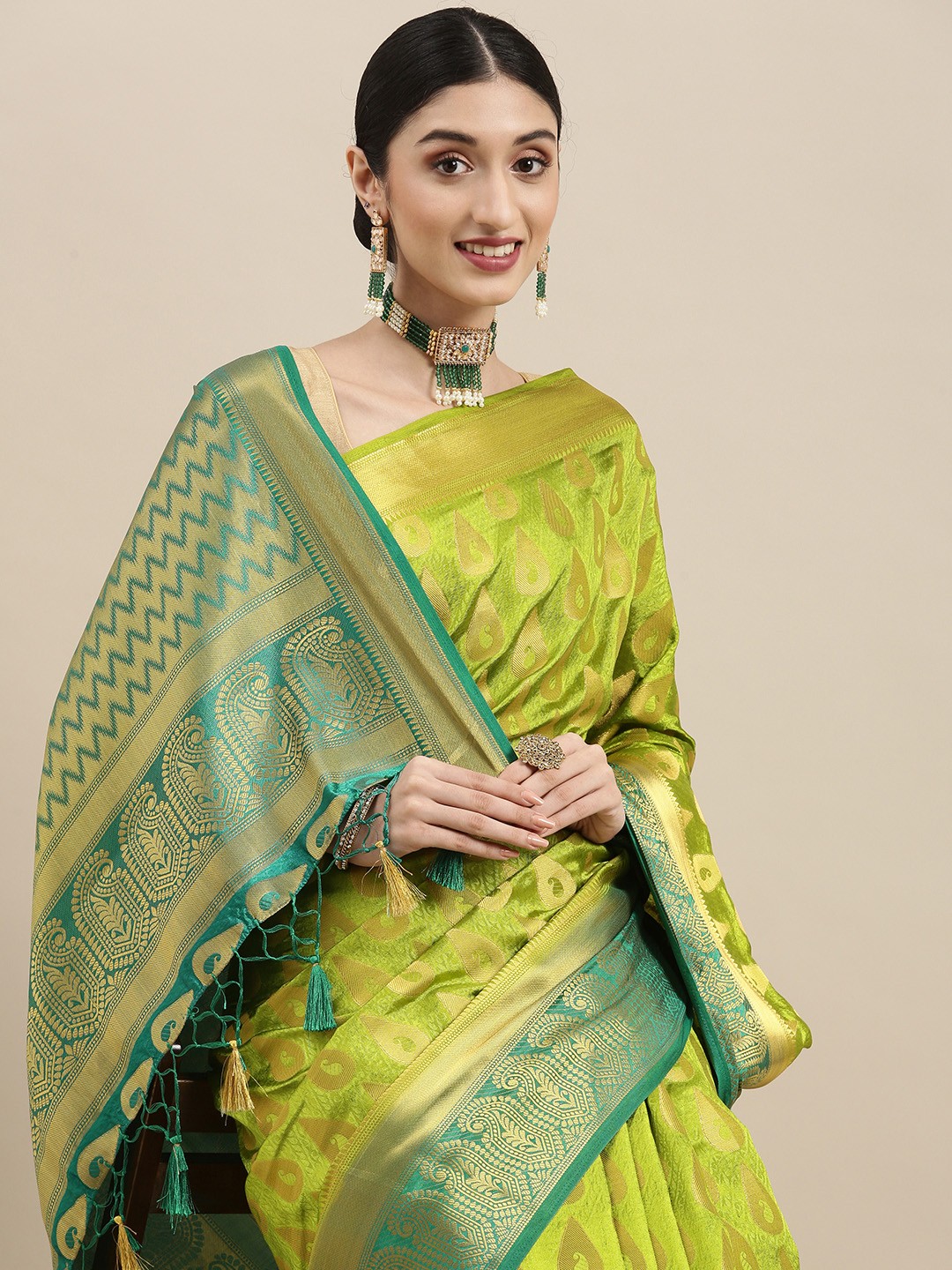 

MIMOSA Lime Green Paisley Zari Art Silk Kanjeevaram Saree