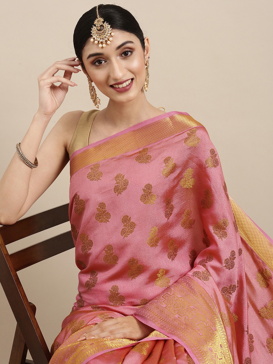 

MIMOSA Pink Ethnic Motifs Zari Art Silk Kanjeevaram Saree