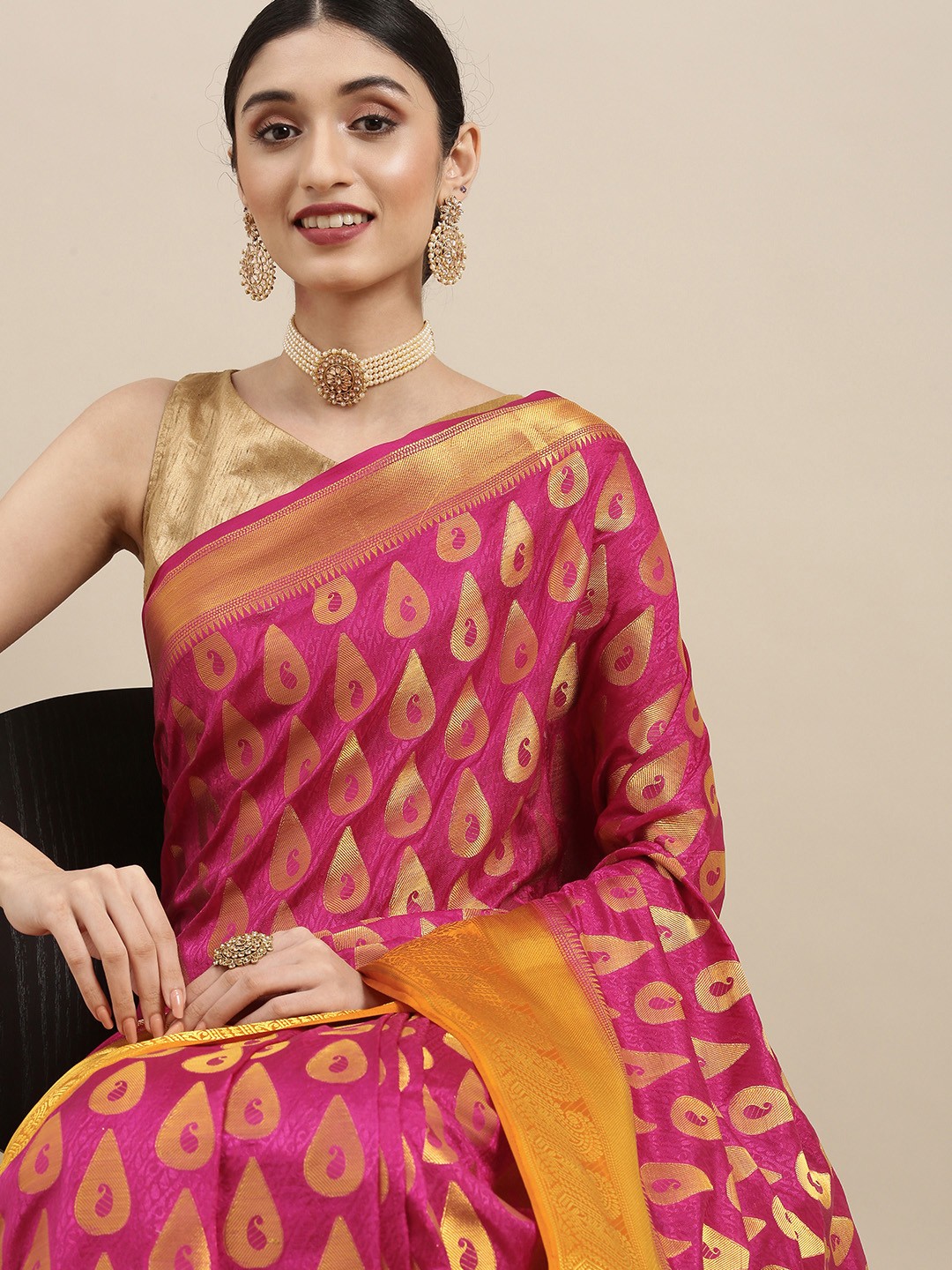 

MIMOSA Pink & Gold-Toned Paisley Zari Art Silk Kanjeevaram Saree