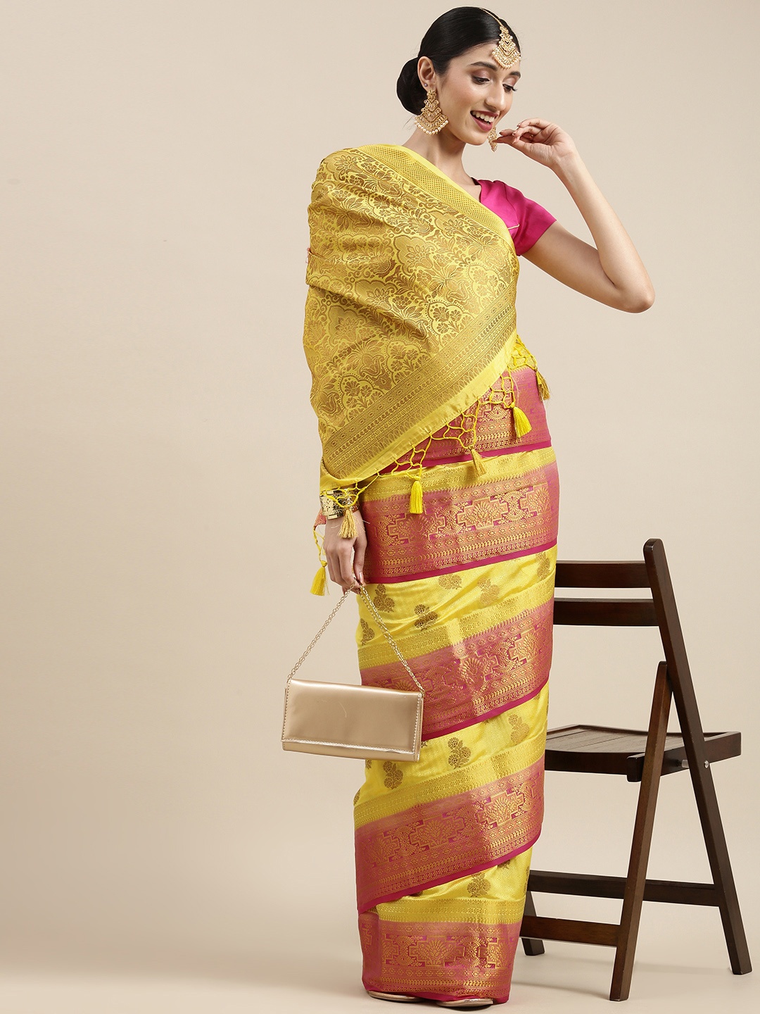 

MIMOSA Yellow Ethnic Motifs Zari Art Silk Kanjeevaram Saree