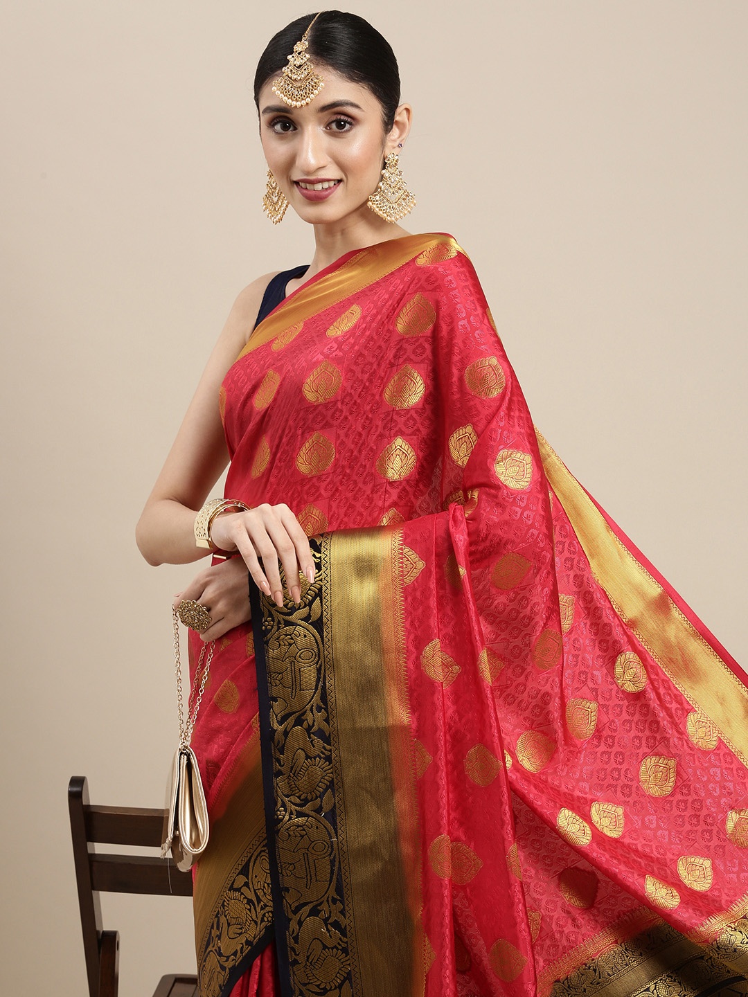 

MIMOSA Coral Ethnic Motifs Zari Art Silk Kanjeevaram Saree