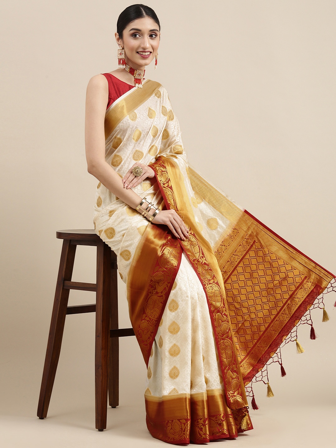 

MIMOSA Off White & Gold-Toned Ethnic Motifs Zari Art Silk Kanjeevaram Saree