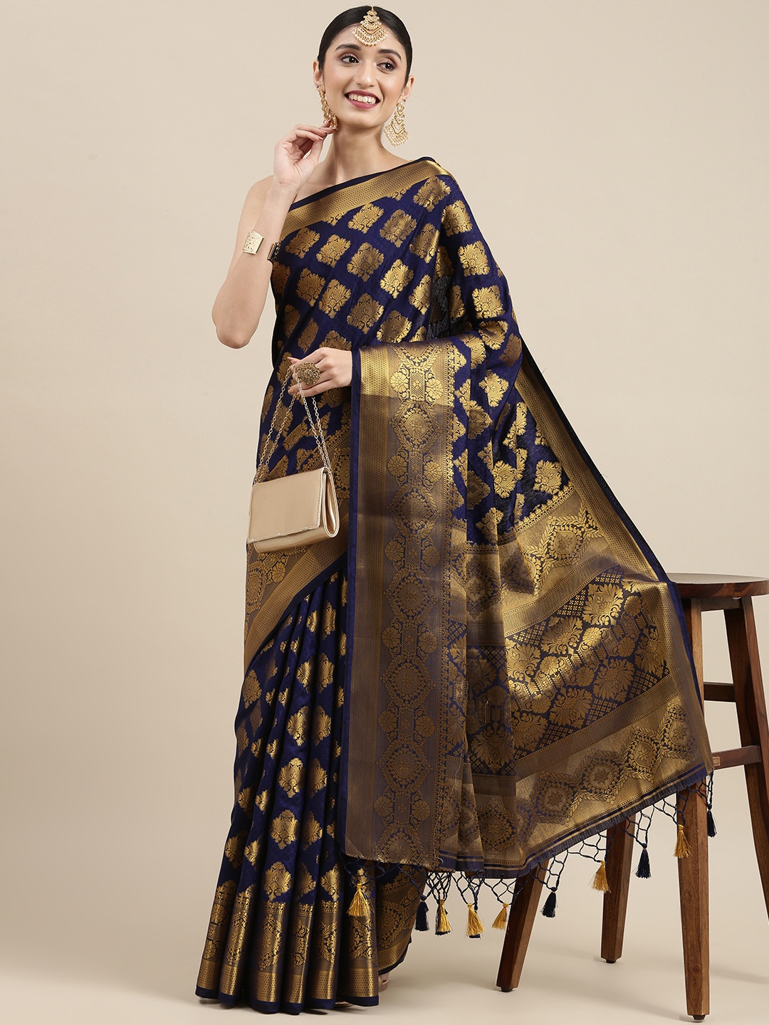 

MIMOSA Navy Blue & Gold-Toned Ethnic Motifs Zari Art Silk Kanjeevaram Saree