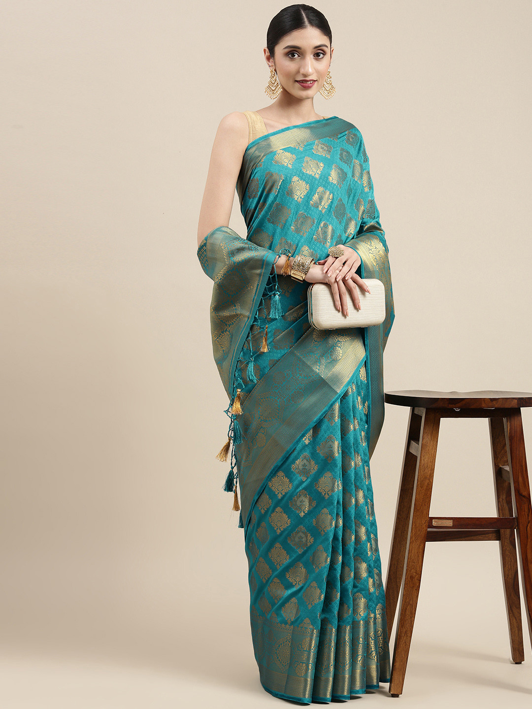 

MIMOSA Turquoise Blue Ethnic Motifs Zari Art Silk Kanjeevaram Saree