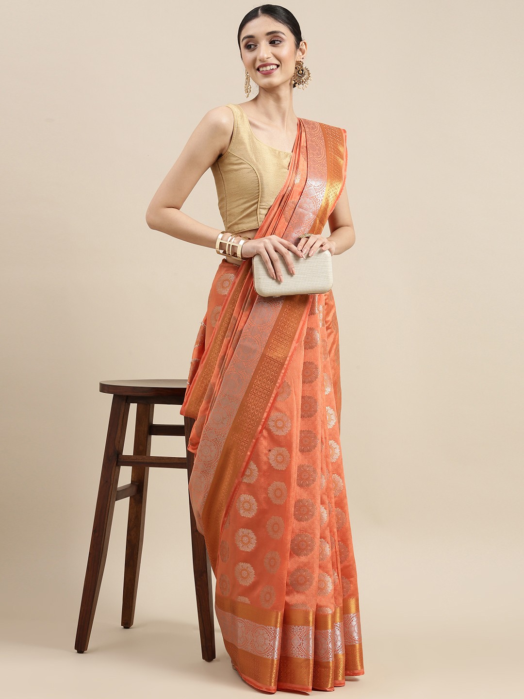 

MIMOSA Peach-Coloured Ethnic Motifs Zari Art Silk Kanjeevaram Saree