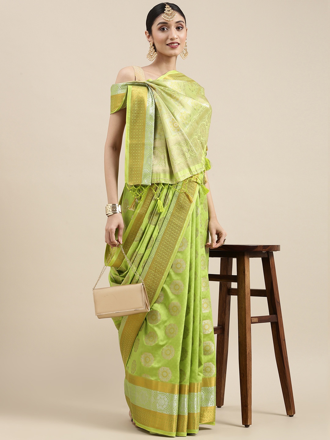 

MIMOSA Green Ethnic Motifs Zari Art Silk Kanjeevaram Saree