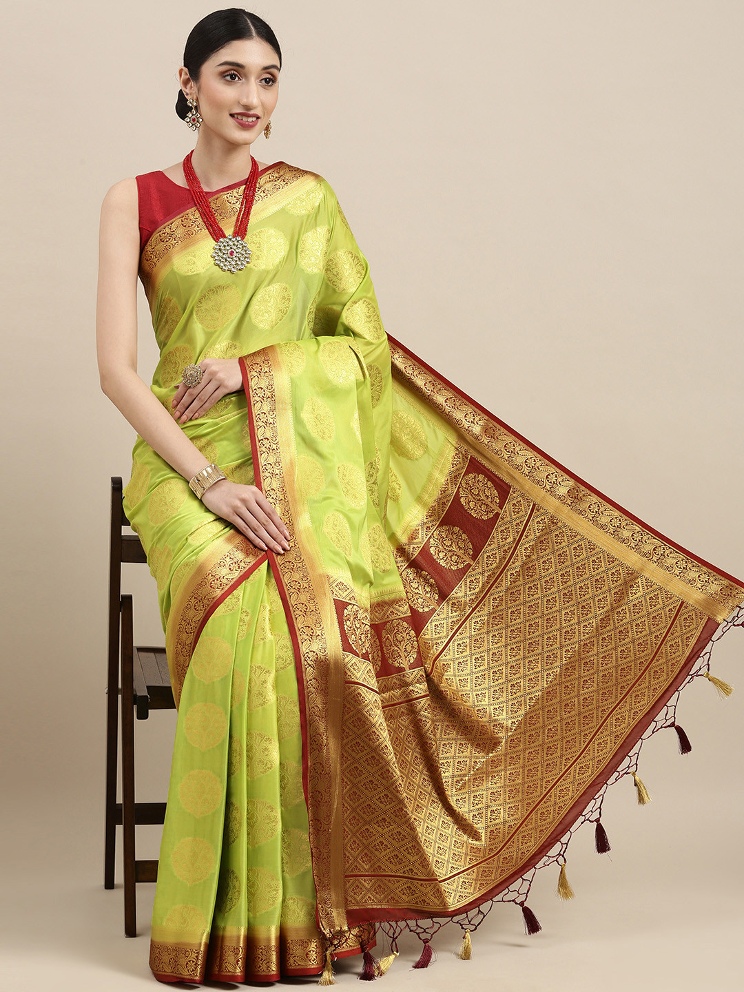 

MIMOSA Lime Green Ethnic Motifs Zari Mysore Silk Saree