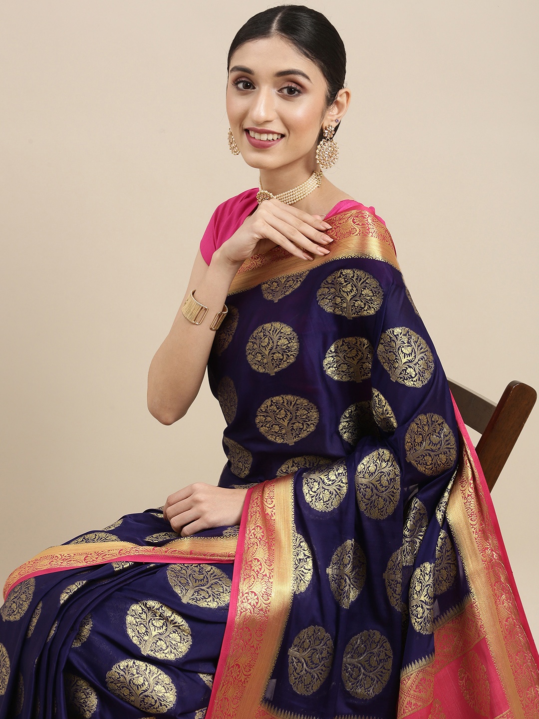 

MIMOSA Navy Blue Ethnic Motifs Zari Mysore Silk Saree