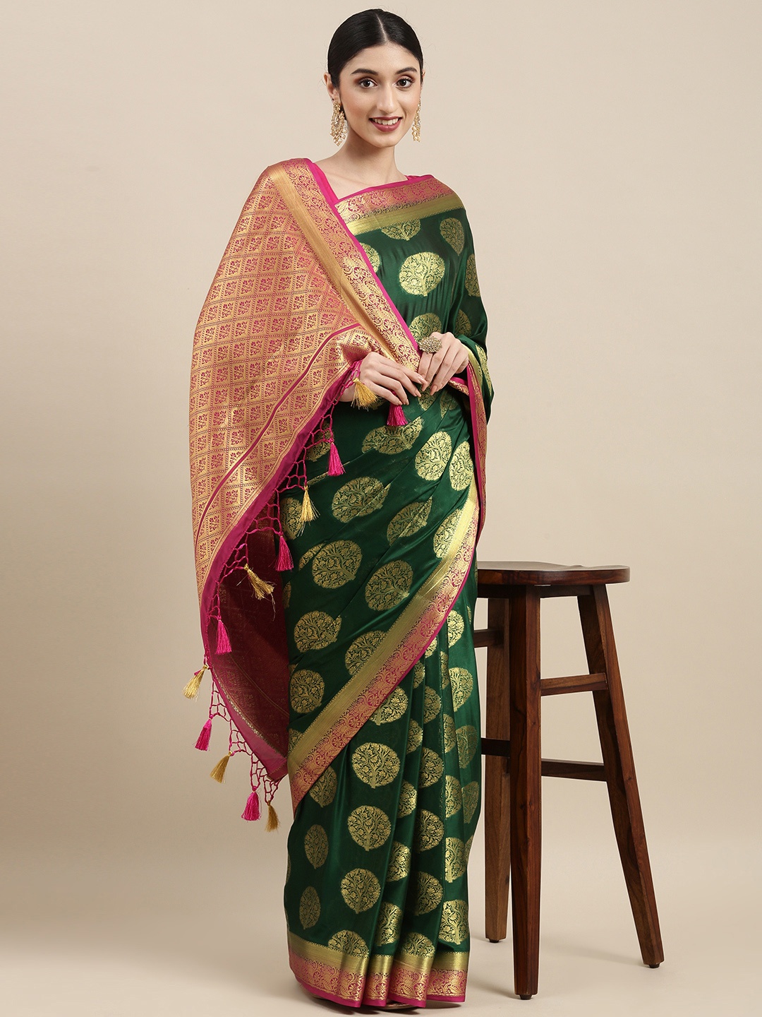 

MIMOSA Green Ethnic Motifs Zari Mysore Silk Saree