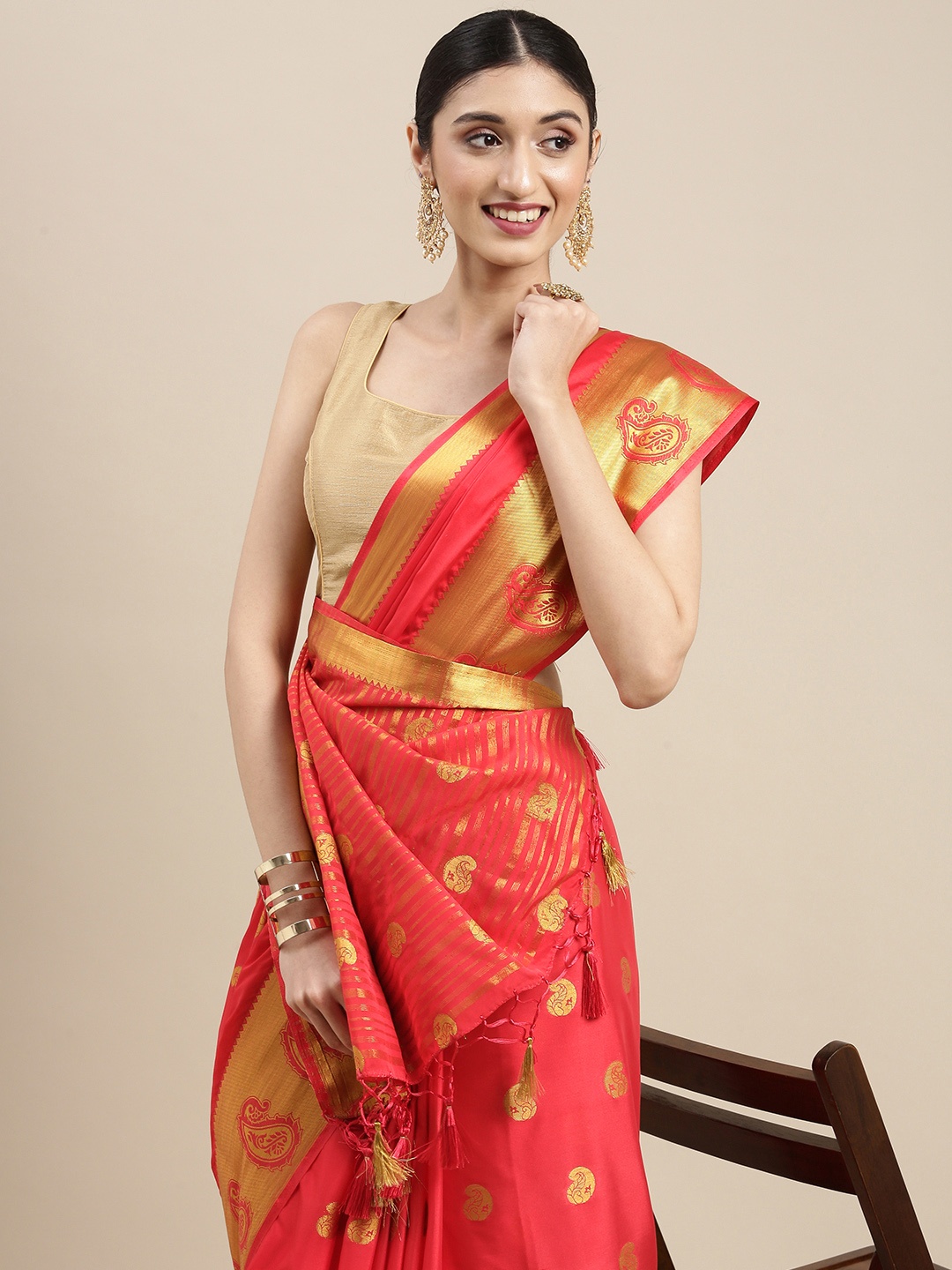 

MIMOSA Coral Red Paisley Zari Mysore Silk Saree