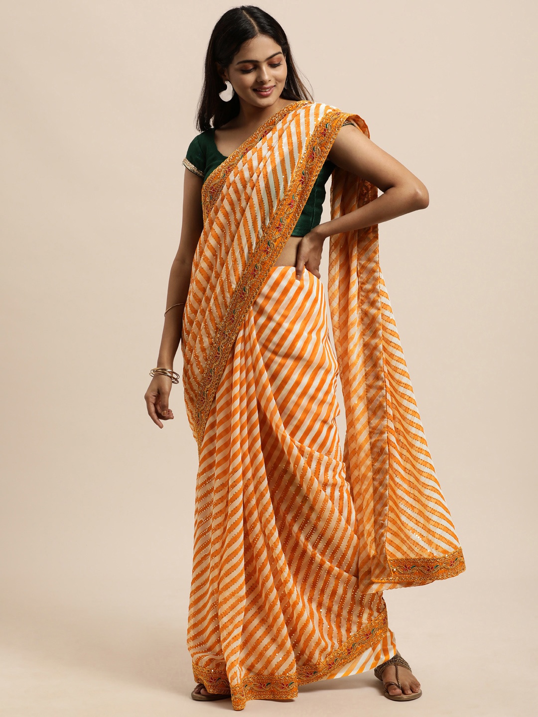 

VASTRANAND Yellow Striped Celebrity Saree