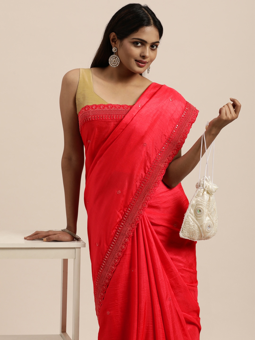 

VASTRANAND Pink Woven Design Embroidered Art Silk Saree