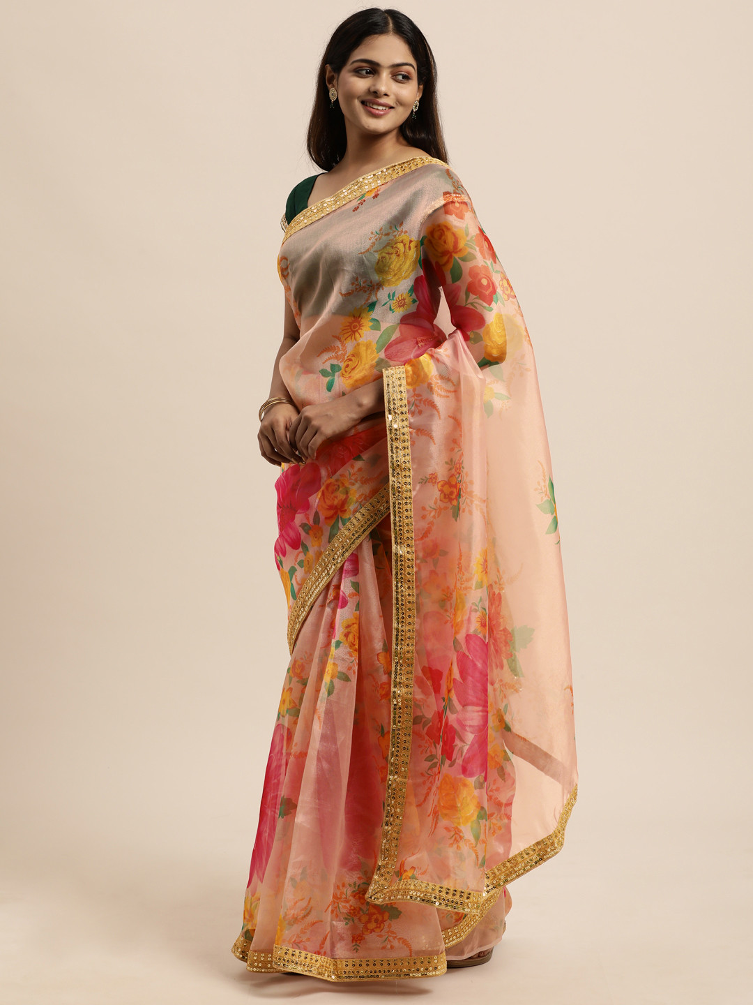 

VASTRANAND Peach-Coloured Floral Organza Saree