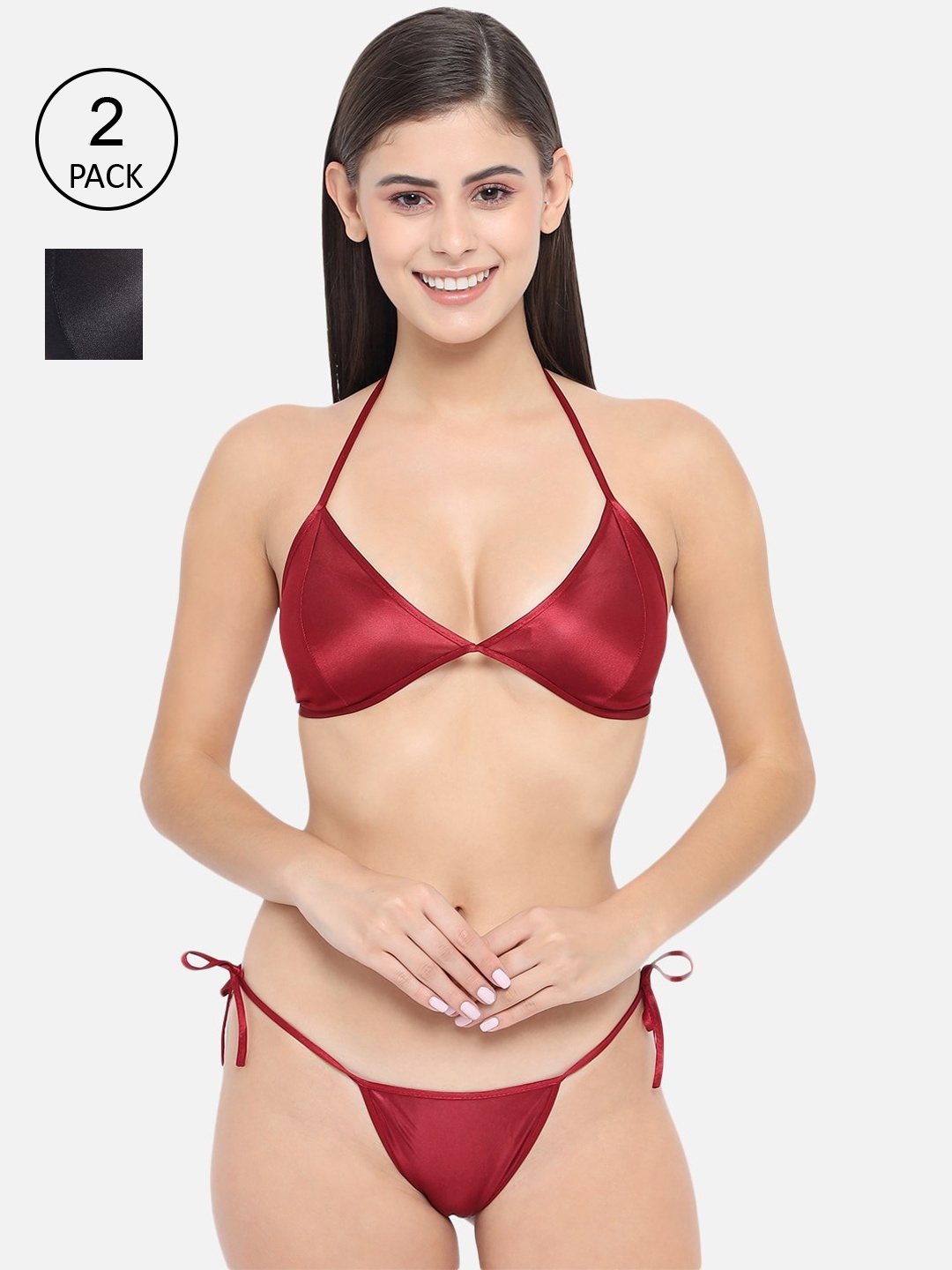 

Klamotten Women Pack Of 2 Satin Solid Lingerie Set 11M-11K, Maroon