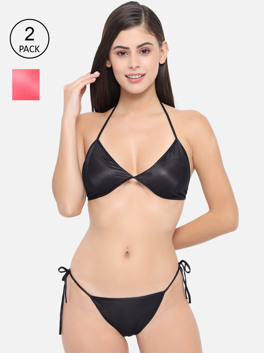 

Klamotten Women Pack Of 2 Black & Pink Solid Lingerie Set