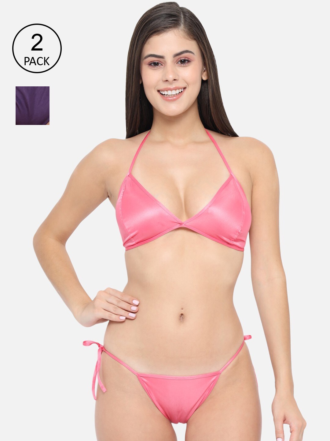 

Klamotten Women Pack Of 2 Purple & Pink Satin Lingerie Set 13J-11R