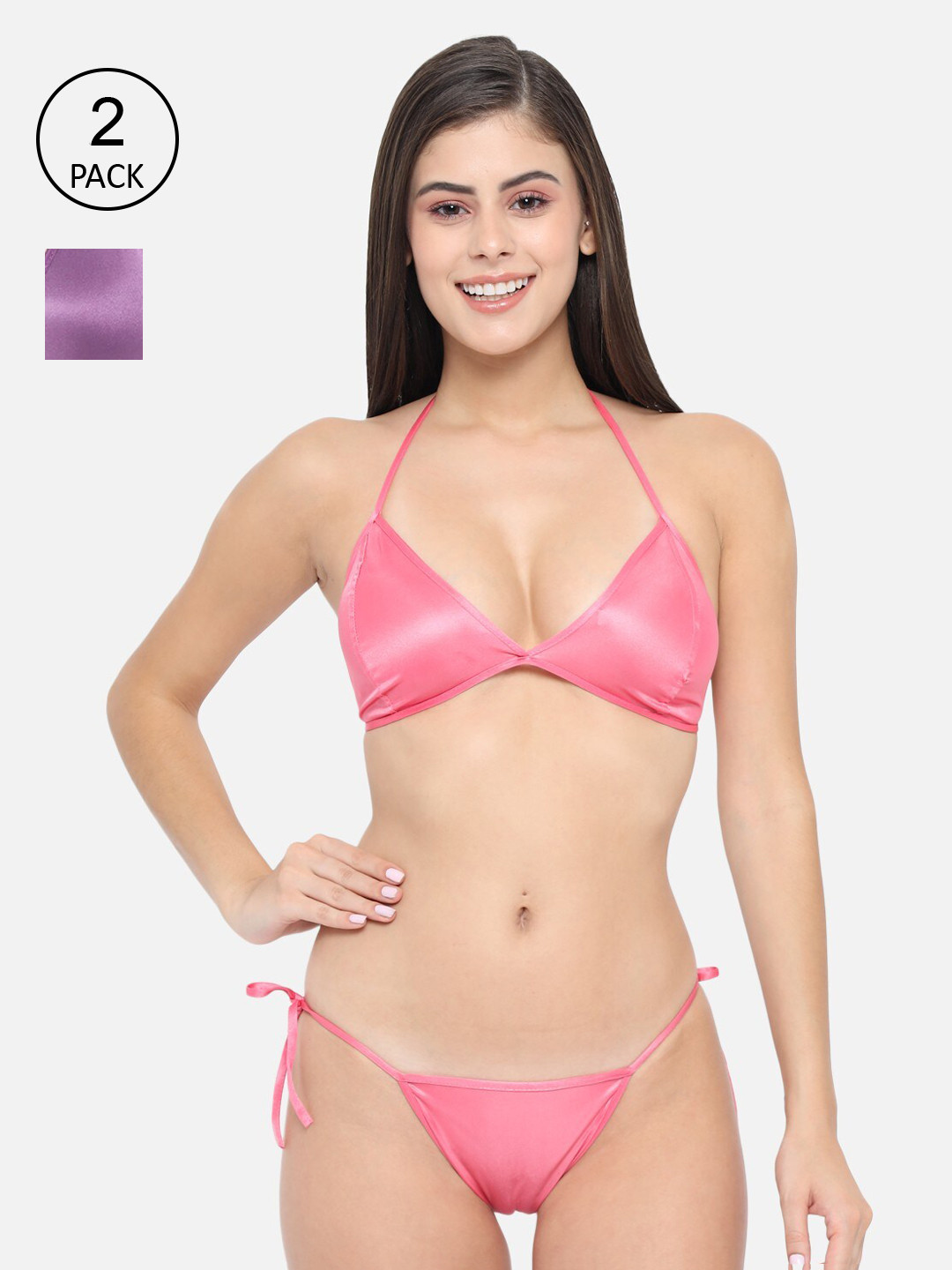 

Klamotten Women Pack Of 2 Solid Satin Lingerie Set, Purple