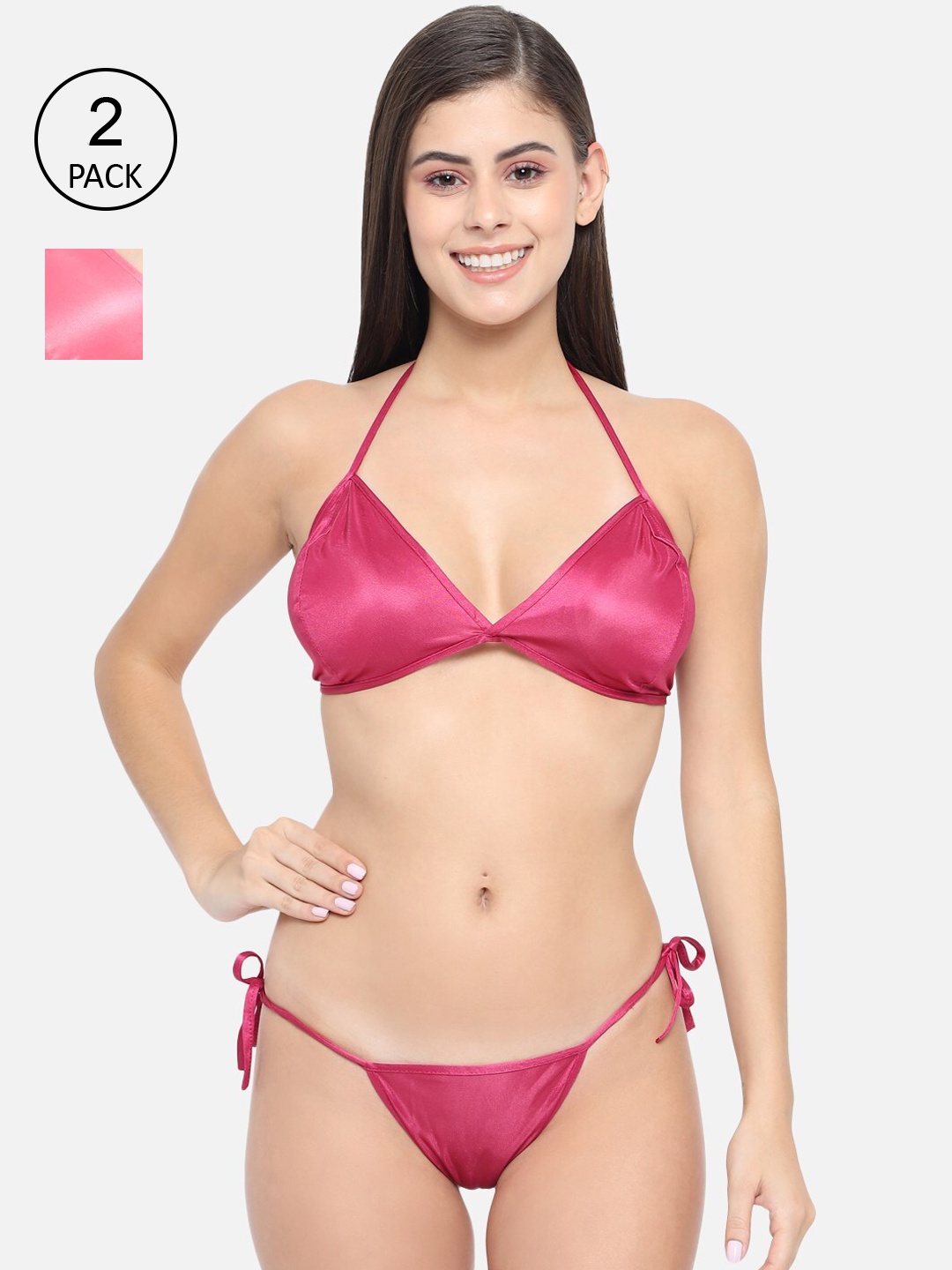

Klamotten Women Pack Of 2 Solid Satin Lingerie Set, Pink