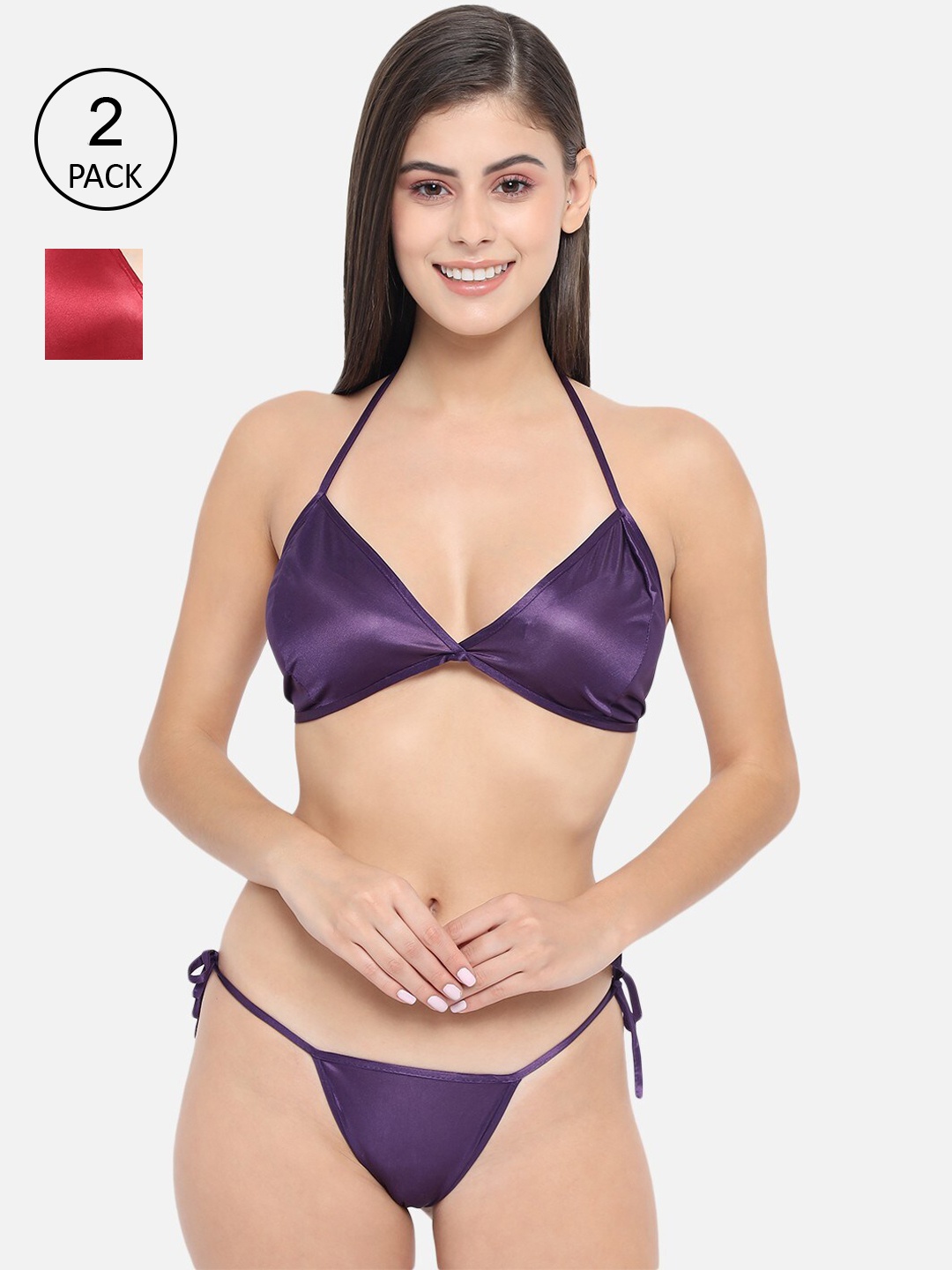

Klamotten Women Pack Of 2 Solid Satin Lingerie Set, Red