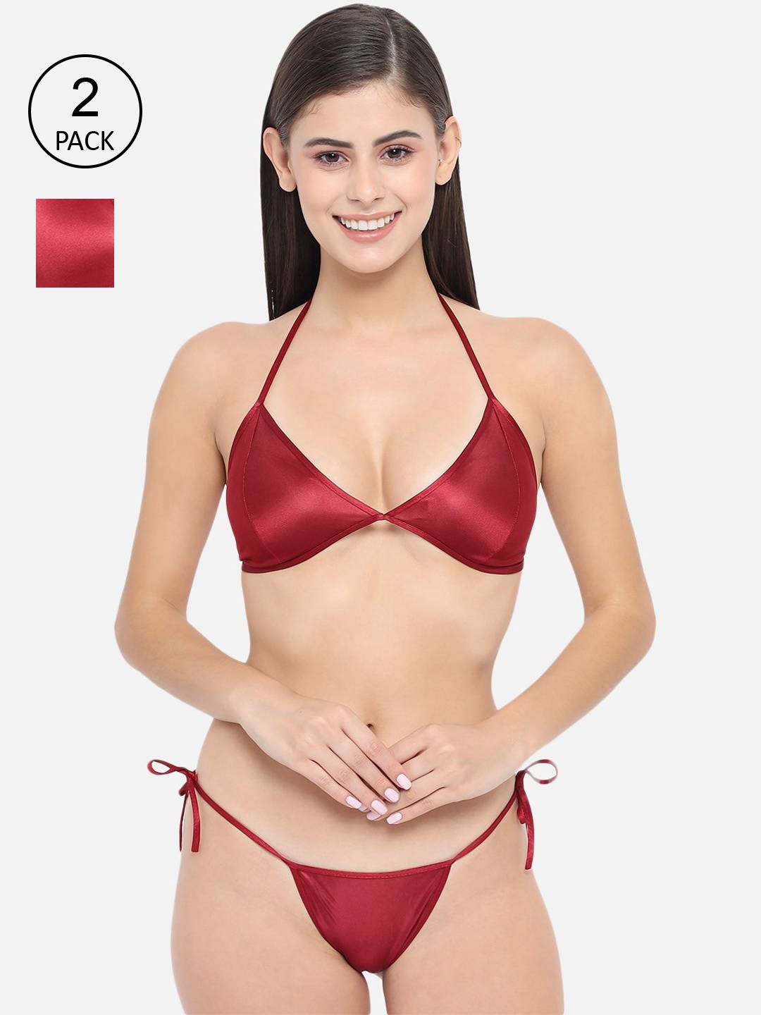 

Klamotten Women Pack Of 2 Solid Satin Lingerie Set, Maroon