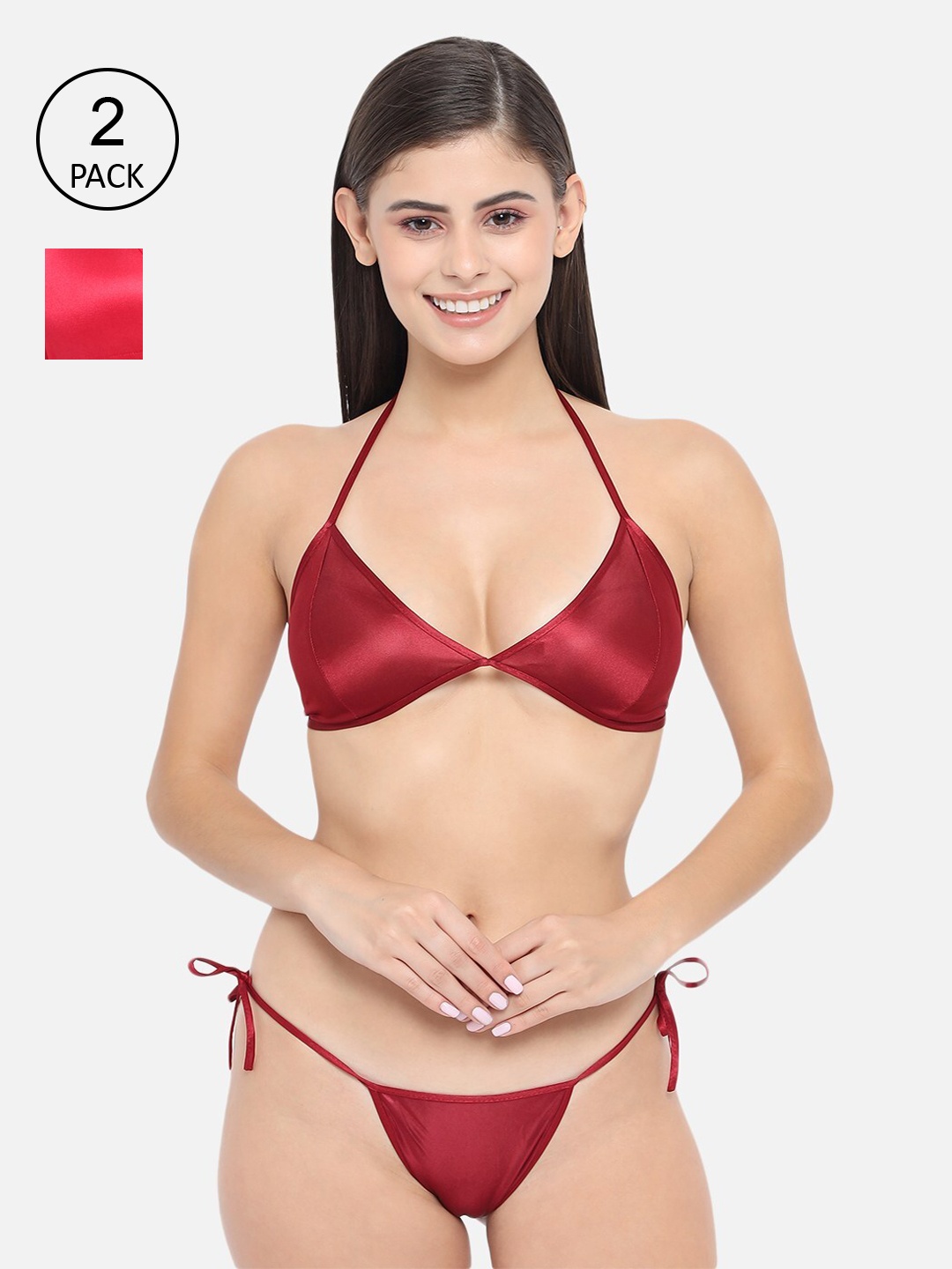 

Klamotten Women Pack Of 2 Red & Maroon Solid Lingerie Set