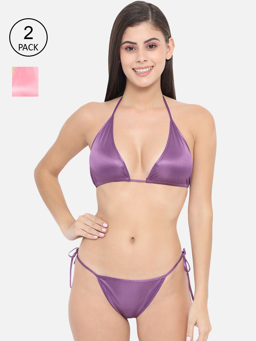 

Klamotten Women Pack Of 2 Solid Satin Lingerie Set, Pink