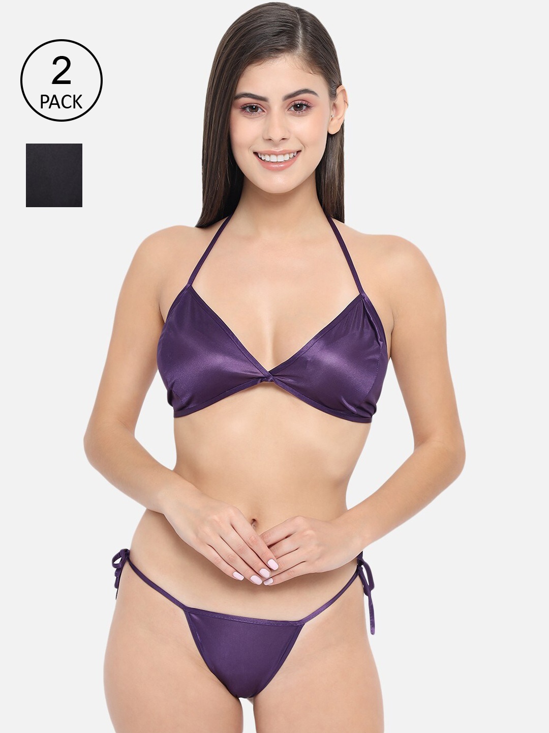 

Klamotten Women Pack of 2 Black & Purple Sold Satin Lingerie Set