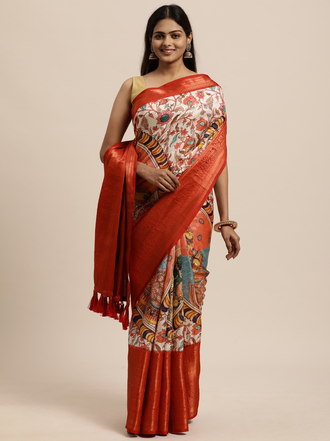 

VASTRANAND Red Kalamkari Zari Silk Blend Kanjeevaram Saree