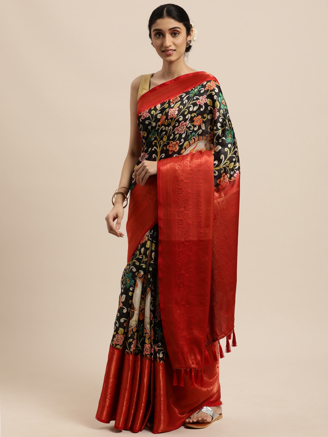 

VASTRANAND Black & Red Kalamkari Zari Silk Blend Kanjeevaram Saree