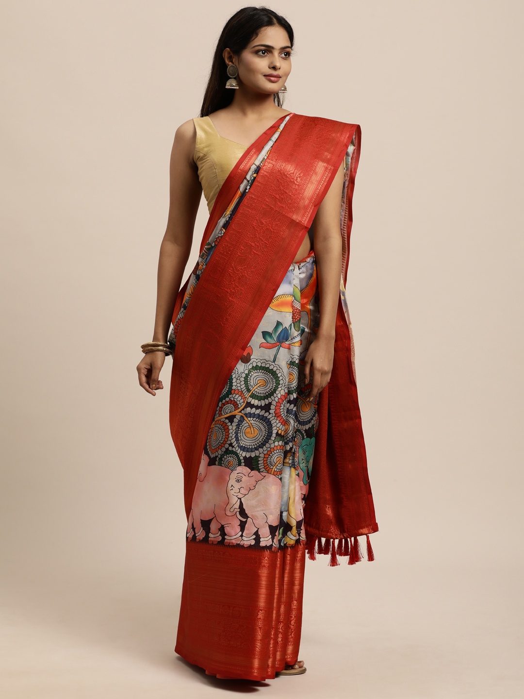 

VASTRANAND Red Kalamkari Zari Silk Blend Kanjeevaram Saree