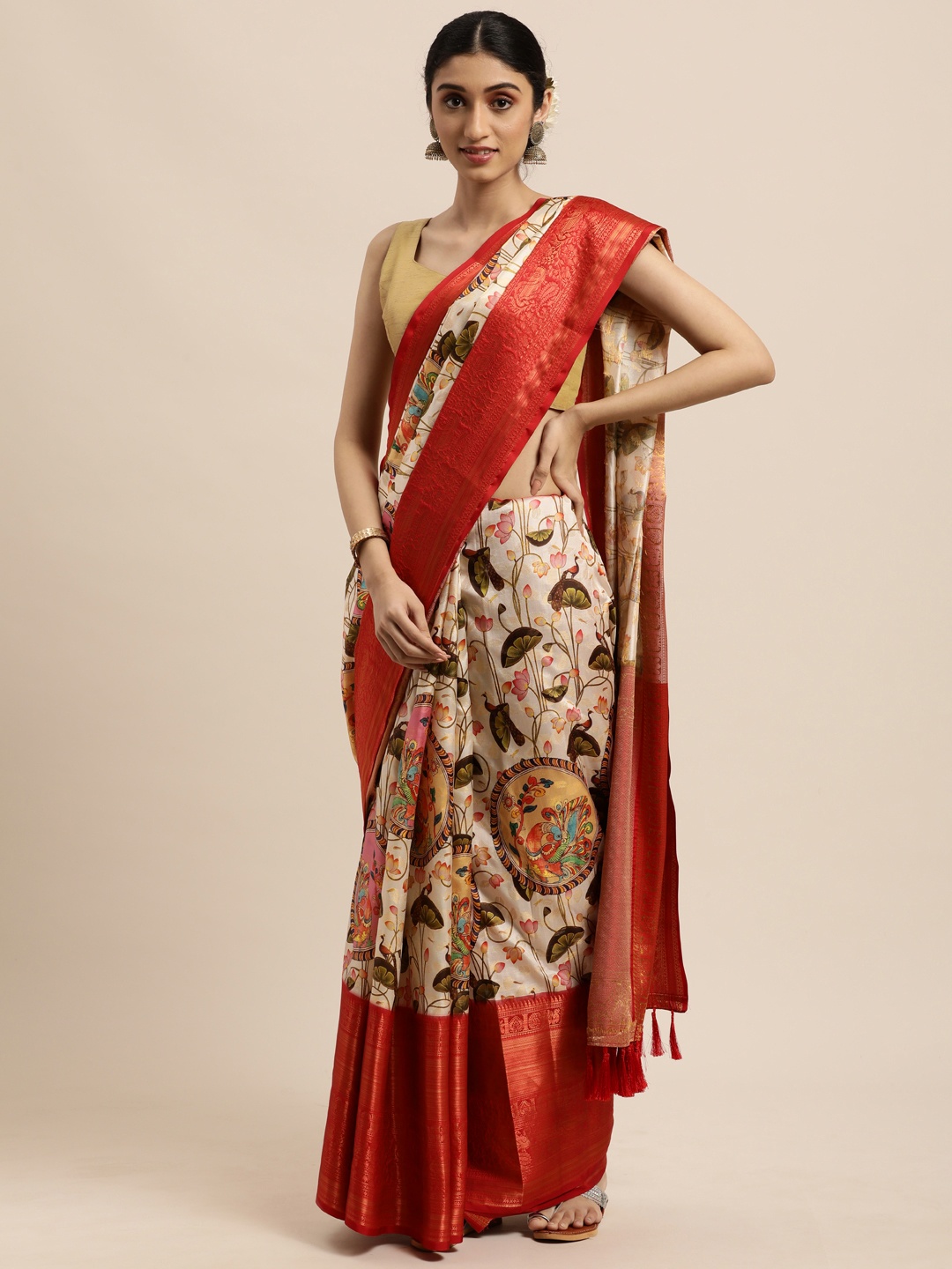 

VASTRANAND White & Red Kalamkari Zari Silk Blend Kanjeevaram Saree