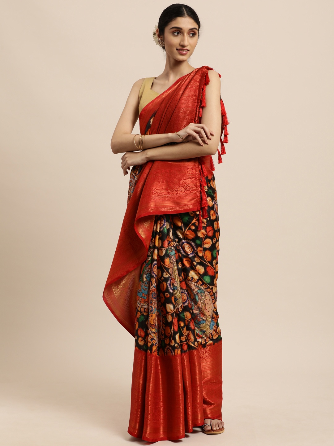 

VASTRANAND Red Kalamkari Zari Silk Blend Kanjeevaram Saree
