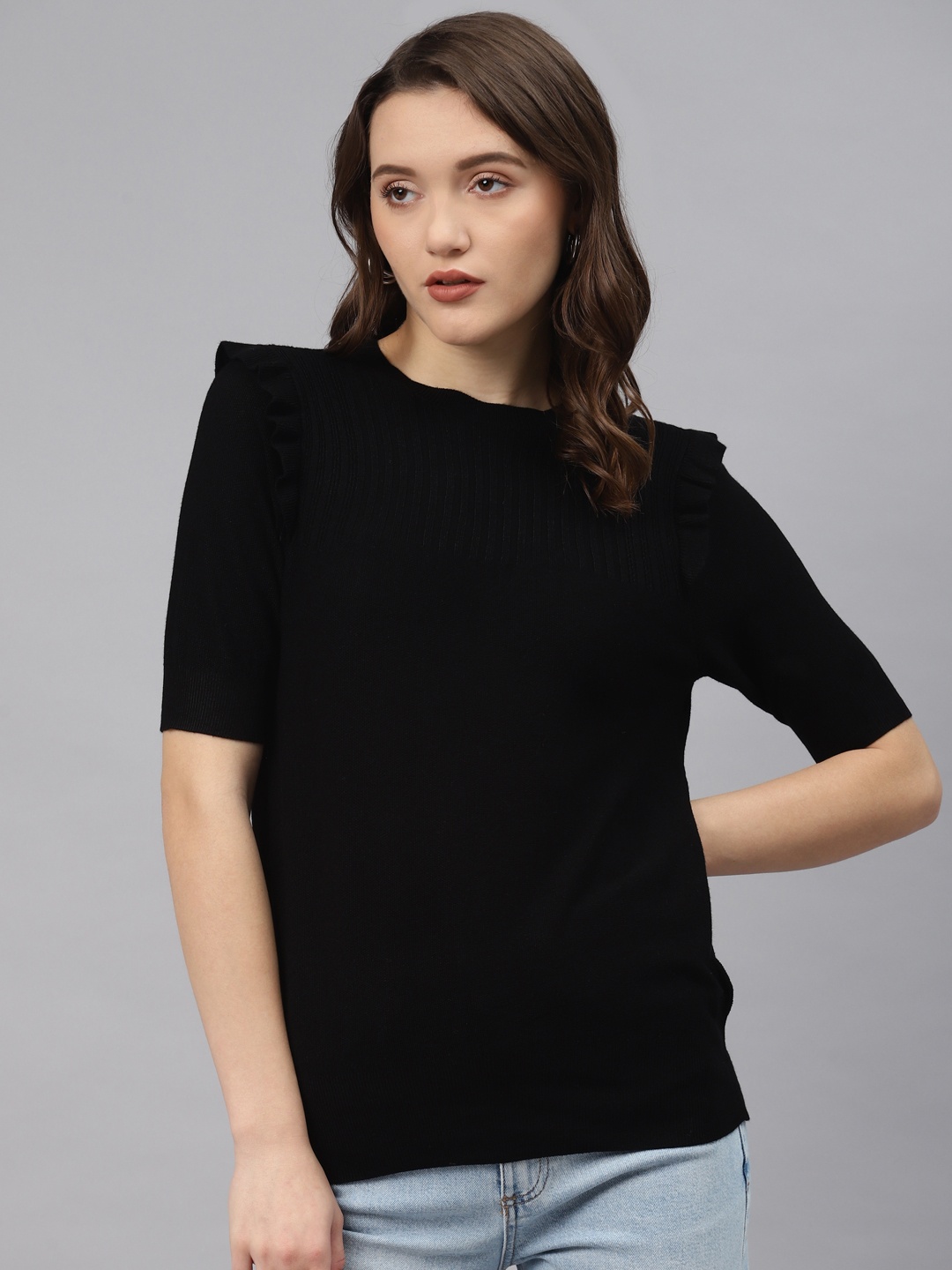 

Marks & Spencer Women Black Solid Ruffles Winter Top