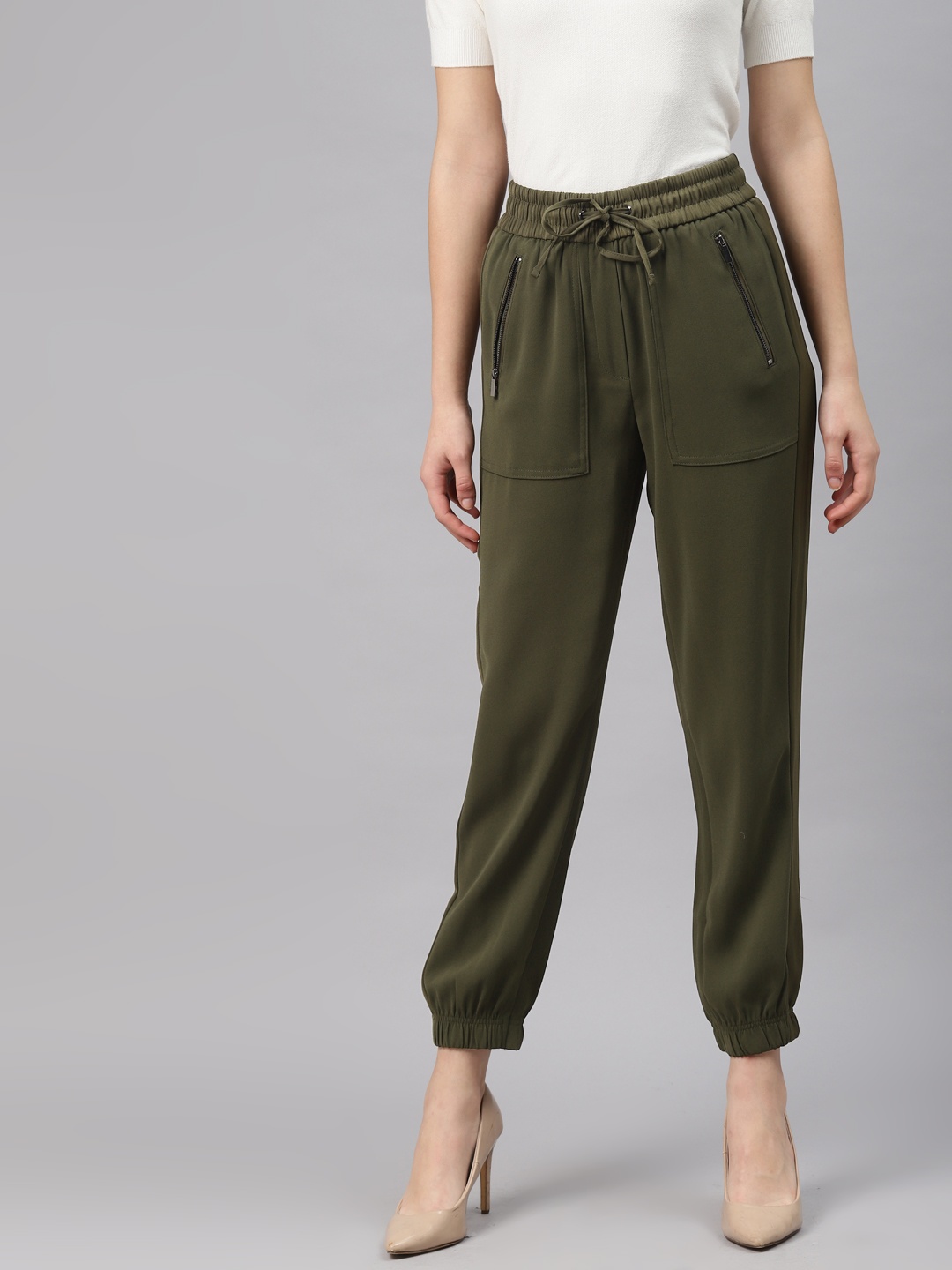 

Marks & Spencer Women Olive Green Solid Regular Fit Mid-Rise Cropped Joggers