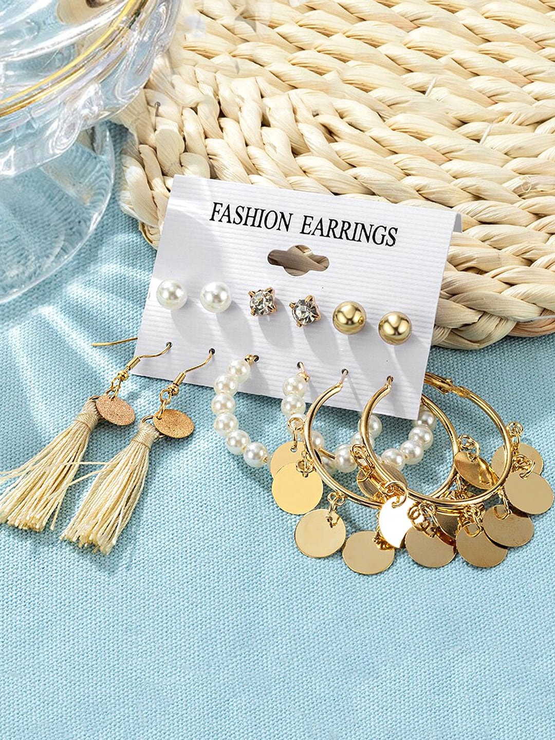 

Yellow Chimes Set Of 6 Gold-Toned Circular Hoop & Stud Earrings