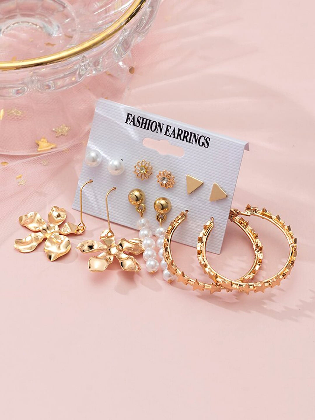 

Yellow Chimes Set Of 6 Gold-Toned & White Geometric Drop Earrings