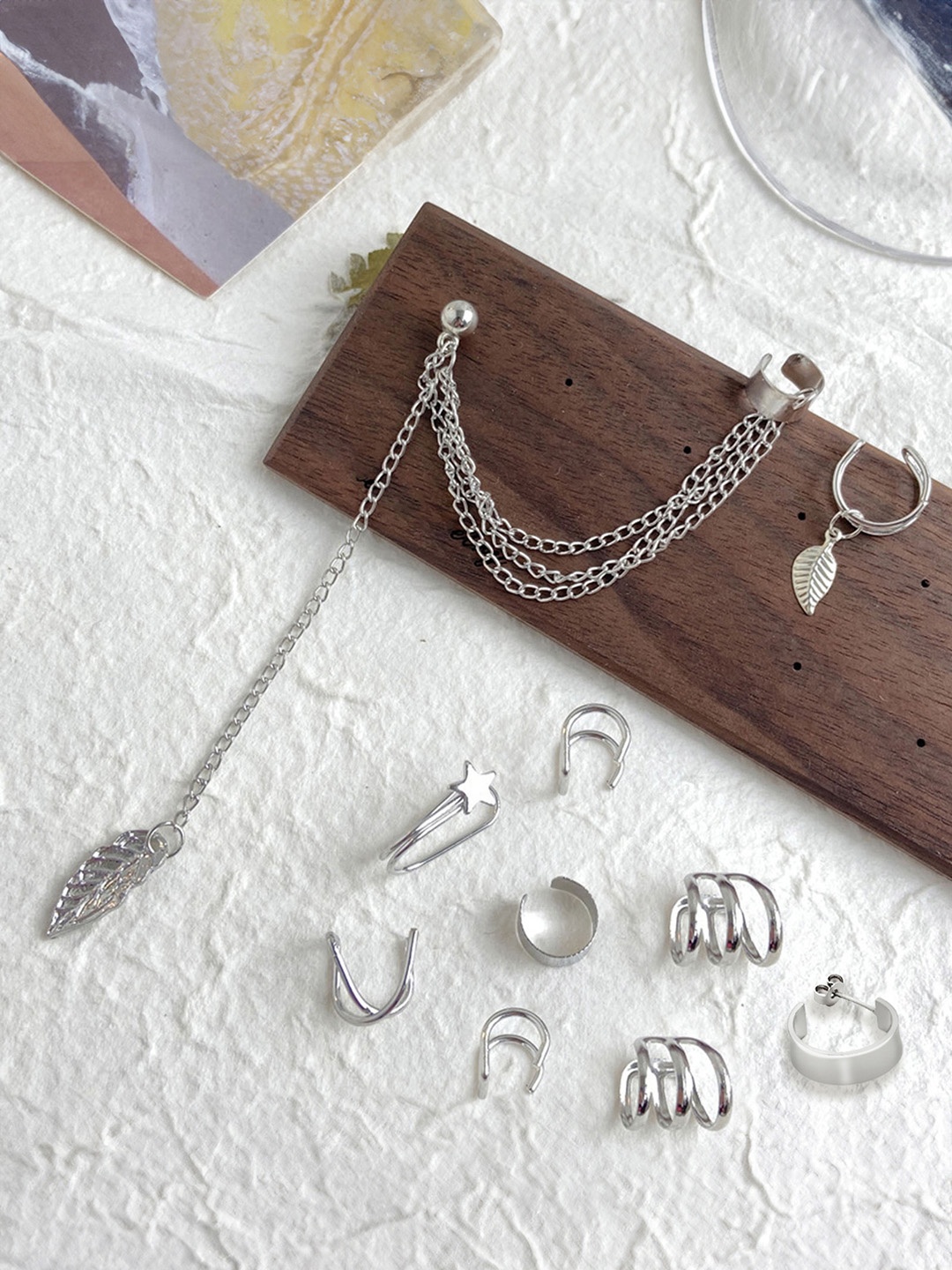 

Yellow Chimes Set of 10 Silver-Toned Contemporary Ear Cuff Earrings